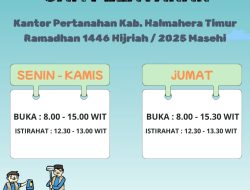 Jam Operasional Pelayanan Kantor Pertanahan Kabupaten Halmahera Timur Ramadhan 1446 Hijriah / 2025 Masehi