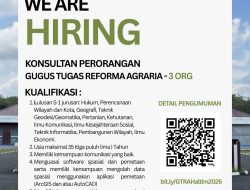 Pengumuman Penerimaan Konsultan Perorangan sebanyak 3 (Tiga) Orang untuk kegiatan Gugus Tugas Reforma Agraria Kantor Pertanahan Kabupaten Halmahera Timur Tahun Anggaran 2026.